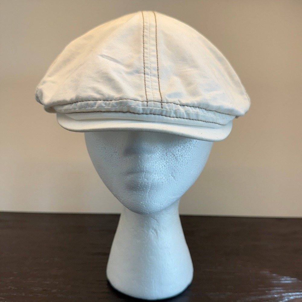 Stetson Mens Cotton Flat Cap Newsboy Hat White Cream Plaid Accents Medium